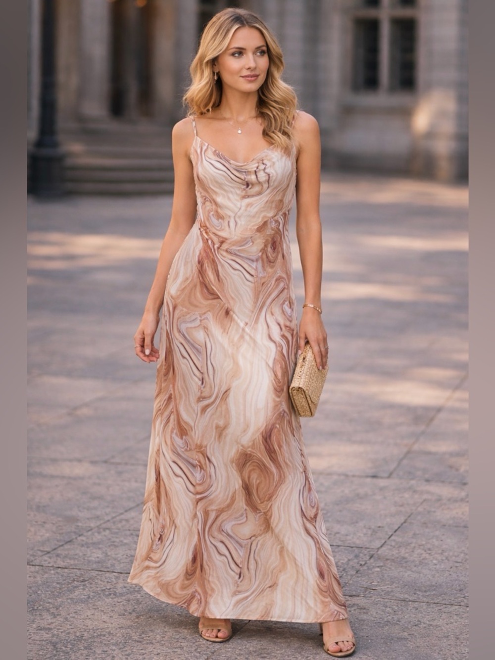 Marble Beige Cowl-Neck Maxi Dress